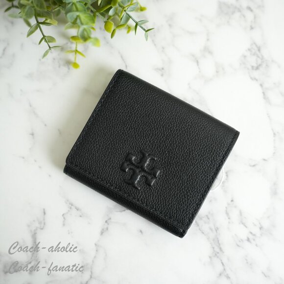 NWT Tory Burch Thea Black Pebbled Leather Tri-Fold Compact Wallet 169967 - Picture 1 of 8